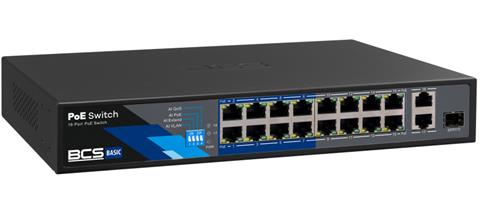 BCS-B-SP1602G-1SFP, PoE switch 16x LAN (16x PoE), 2x GLAN, 1x SFP, 150W, 19"