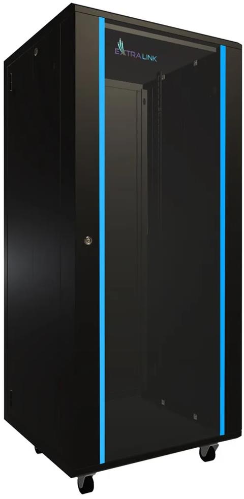 EXTRALINK Rozvádzač 27U, 600x600mm, stojanový, sklenené dvere, čierny, v demonte