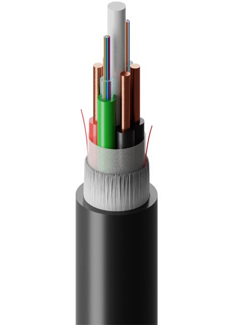 FIBRAIN BDC-DIP, Optický kábel, hybridný, 12-vlákno, 9/125, G.657A1, 1T12F, 2x2.5mm2 Cu, tube 3.6mm, 2800N