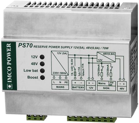 IMCO POWER PS 70.H 12480601, Záložný zdroj 230V~50Hz/13.8V(5A), s DC/DC konvertorom 48V(0.8A), DIN, rýchlonabíjanie