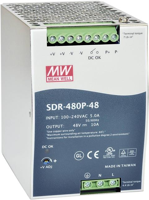MeanWell SDR-480P-48, Impulzný napájací zdroj 48V, 10A, 480W, na DIN lištu