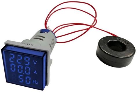 TinyControl Voltmeter, Ampermeter, Hertzmeter, LED, 20–500V/100A, modrý